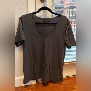 All Saints Charcoal V-Neck Tee with Cut-Out Sleeves